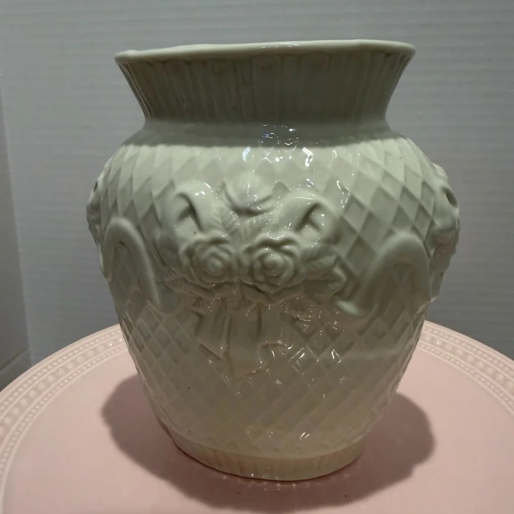 Vintage Ivory Ceramic Vase Embossed Floral Rose Basketweave Pattern